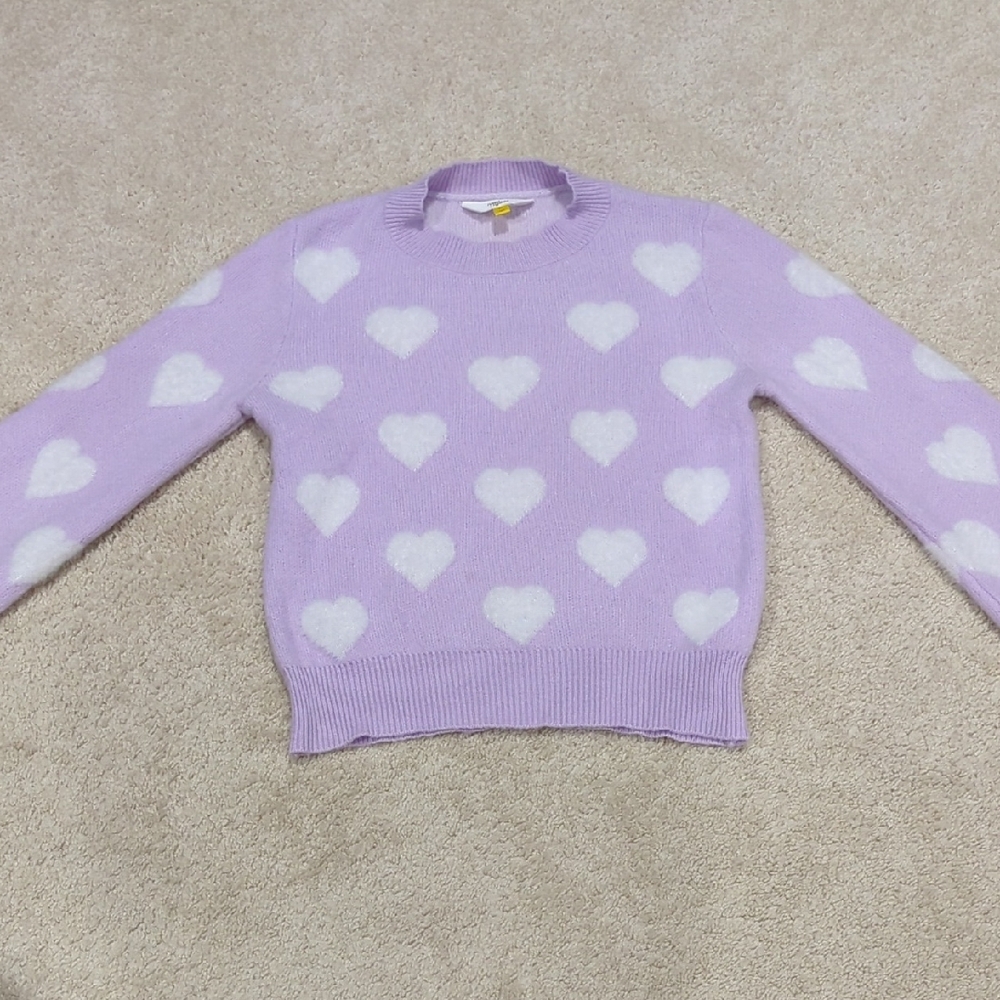 Rumi Ryder Sz 12 Girls Lilac and White Heart Pattern Crew Neck Sweater